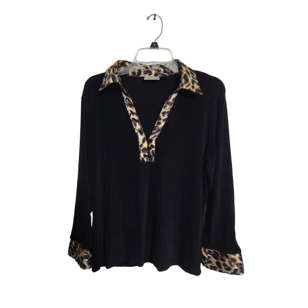 Chicos 1 Travelers Womens Sz 1 M Black Animal Print LS Stretch Knit Women Blouse